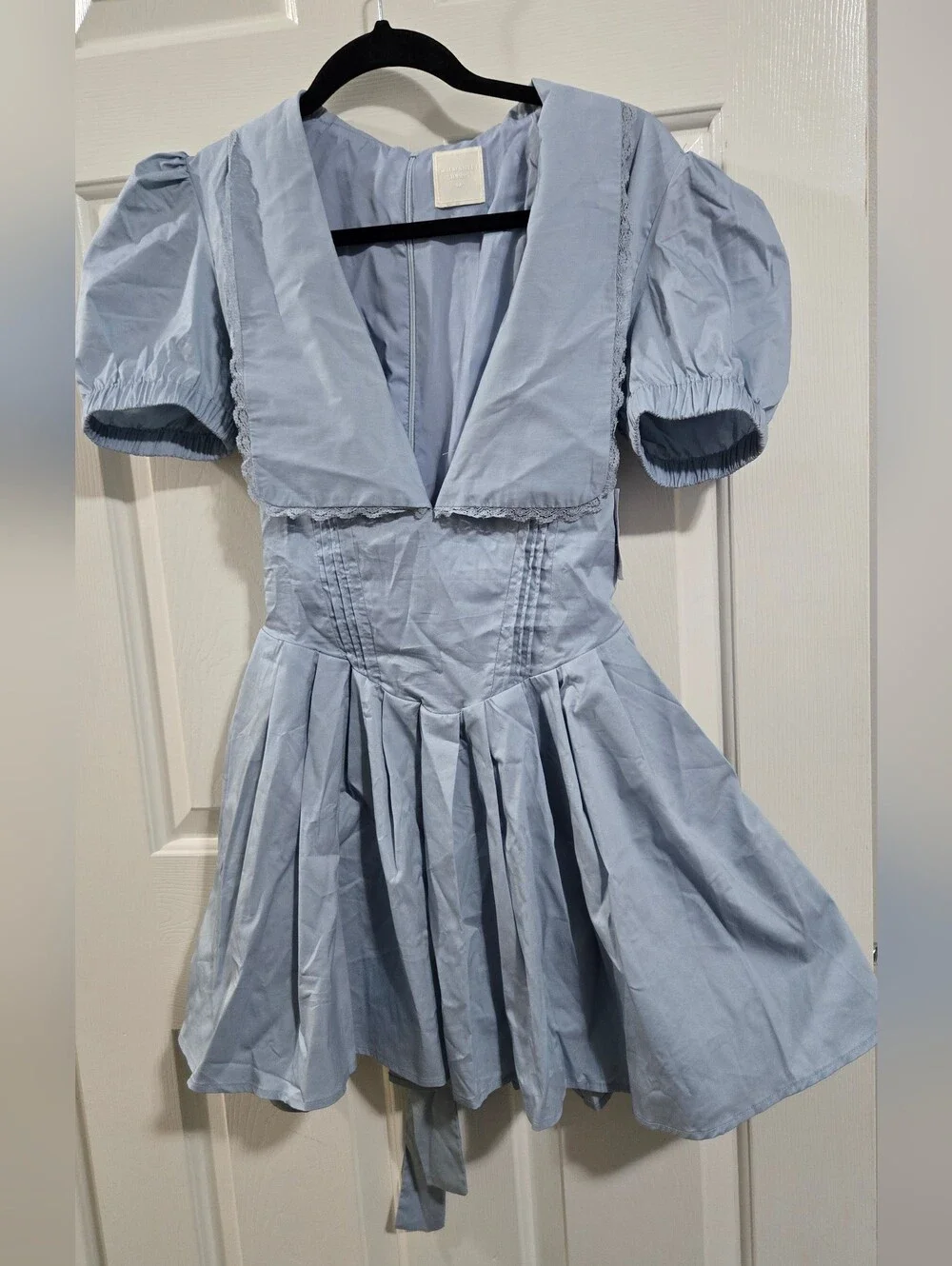 Anthropologie Tabitha Light Blue Puff-Sleeve V-Neck Pleated Mini Dress Peter Pan - Picture 2 of 6